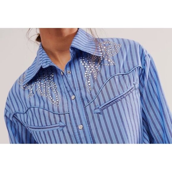 Free People X Understated Leather Western Embellished Button Down Shirt XS Blue - Picture 4 of 5